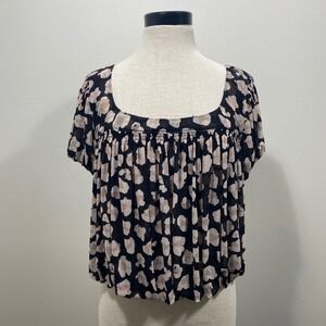 Free People Mesh Square Neck‎ Smocked Abstract Leopard Short Sleeve Top Size M